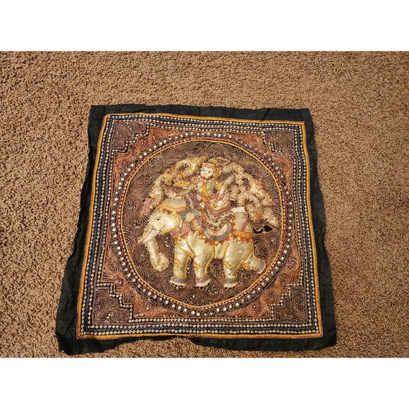 Vintage Asian Elephant Tapestry 3D Raised Handcraft Embroidered Sequins Art 21" - Picture 16 of 16